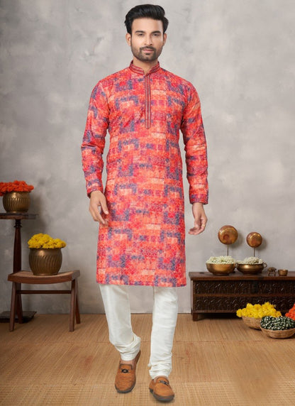 Orange Cotton Digital Print Kurta Pajama with Lucknowi, Sequence, Thread and Pintex Work-2