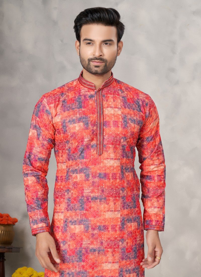 Orange Cotton Digital Print Kurta Pajama with Lucknowi, Sequence, Thread and Pintex Work-2