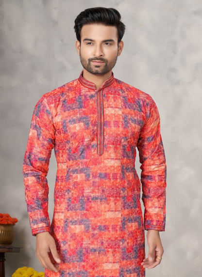 Orange Cotton Digital Print Kurta Pajama with Lucknowi, Sequence, Thread and Pintex Work-2