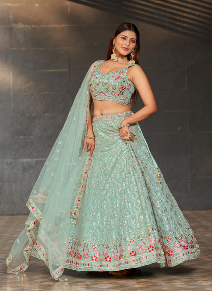 Sky Blue Georgette Lehenga Choli With Sequins, Thread and Zari Work