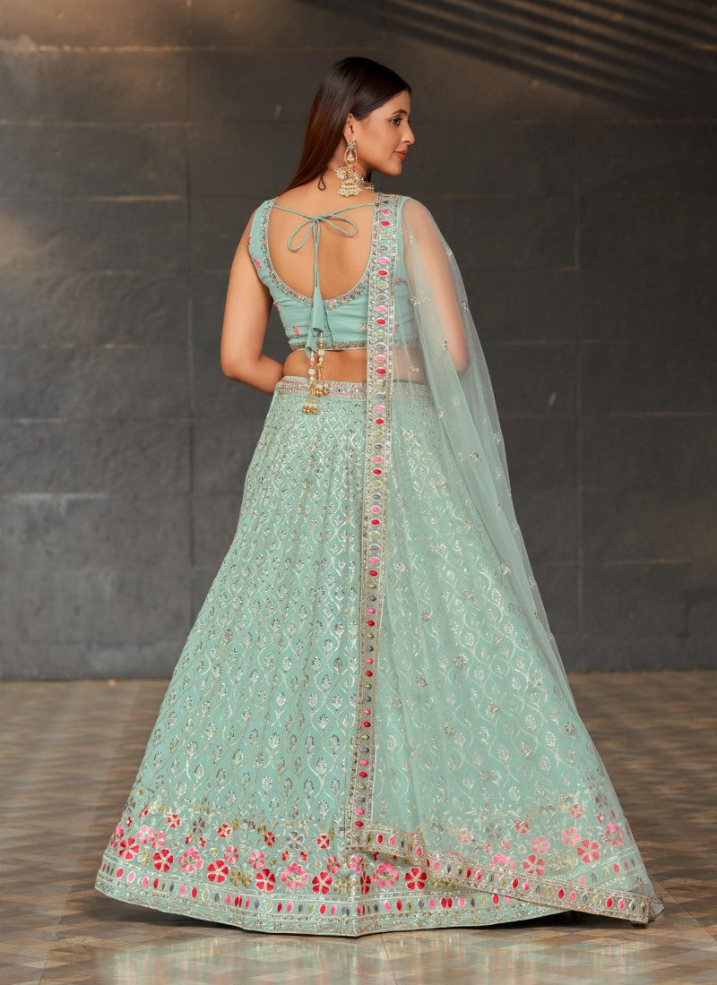 Sky Blue Georgette Lehenga Choli With Sequins, Thread and Zari Work-2