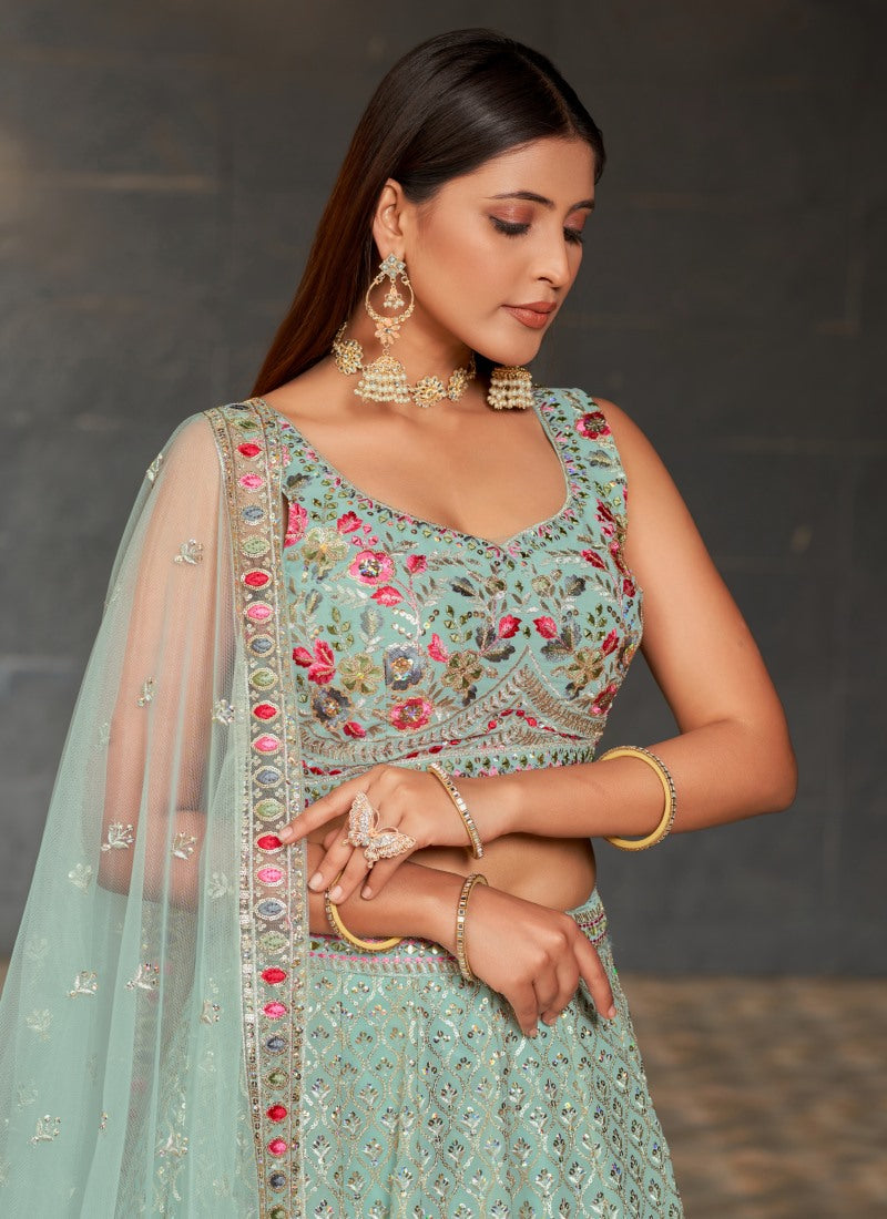 Sky Blue Georgette Lehenga Choli With Sequins, Thread and Zari Work-2