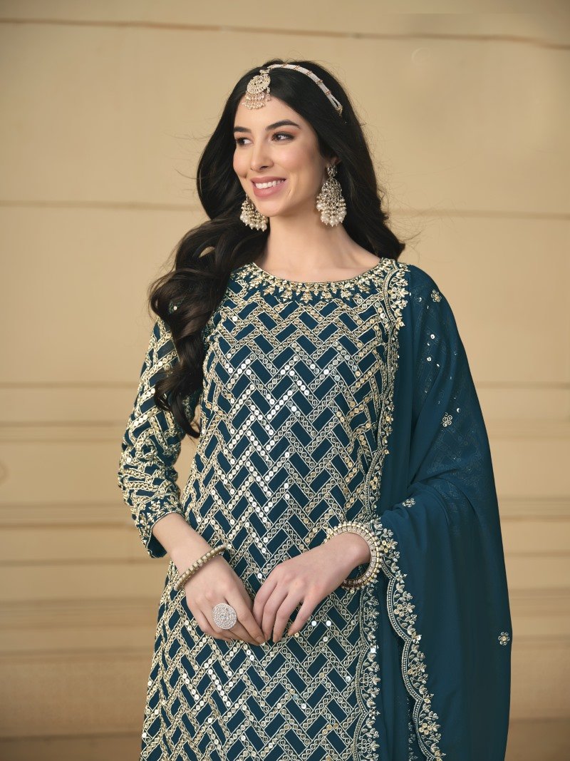 Teal  Georgette Sharara Suit With Embroidered Work-2