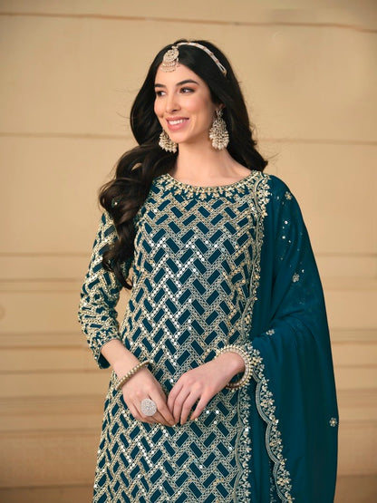 Teal  Georgette Sharara Suit With Embroidered Work-2