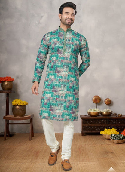 Green Cotton Digital Print Kurta Pajama with  Lucknowi, Sequence, Thread and Pintex Work-2