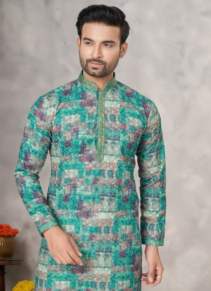 Green Cotton Digital Print Kurta Pajama with  Lucknowi, Sequence, Thread and Pintex Work-2