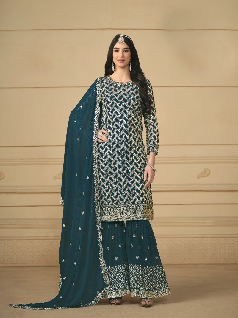 Teal  Georgette Sharara Suit With Embroidered Work-2