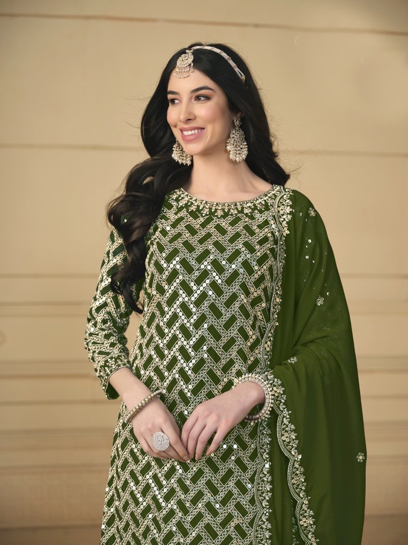 Olive Green Georgette Sharara Suit With Embroidered Work-2