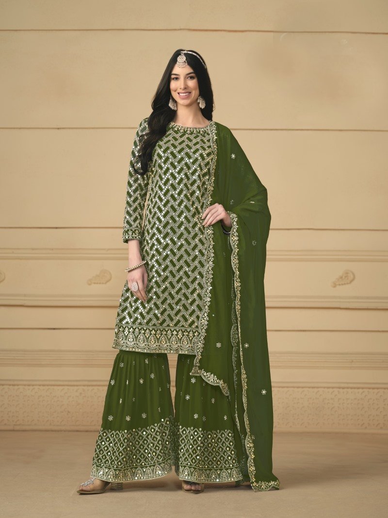 Olive Green Georgette Sharara Suit With Embroidered Work