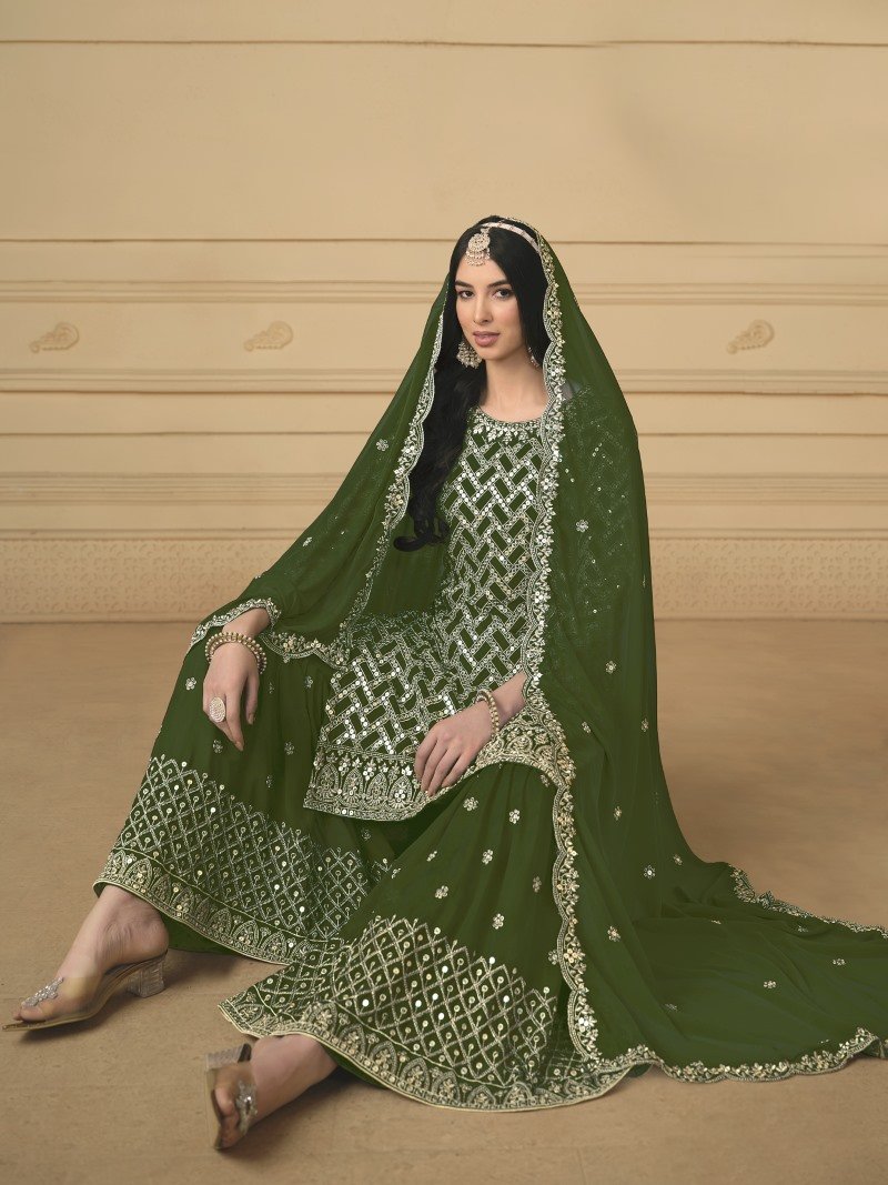 Olive Green Georgette Sharara Suit With Embroidered Work-2