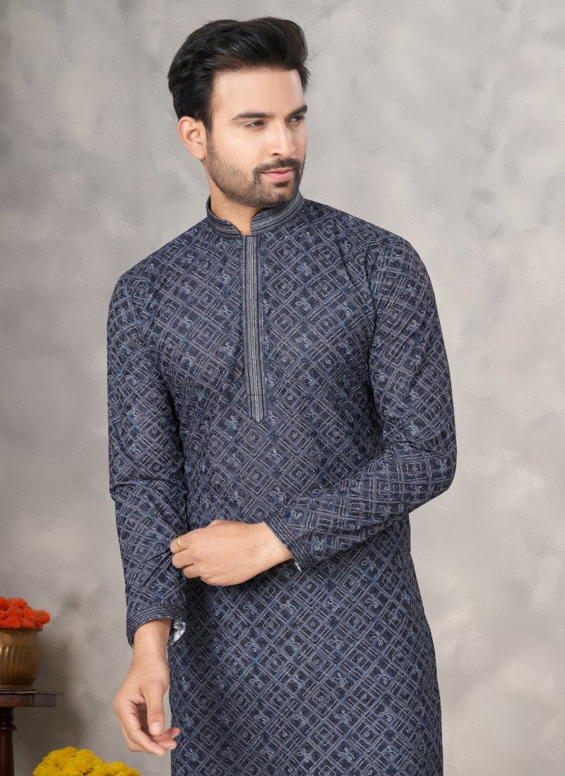 Blue Cotton Digital Print Kurta Pajama with Lucknowi, Sequence, Thread and Pintex Work-2