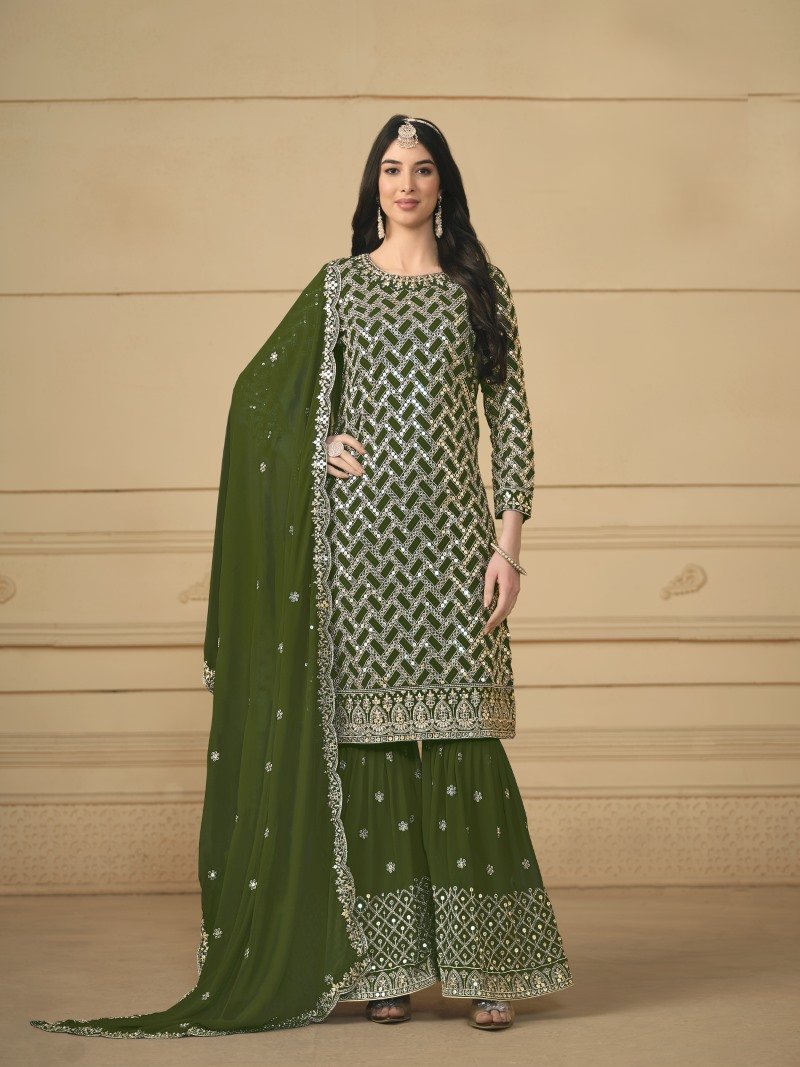 Olive Green Georgette Sharara Suit With Embroidered Work-2