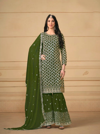 Olive Green Georgette Sharara Suit With Embroidered Work-2