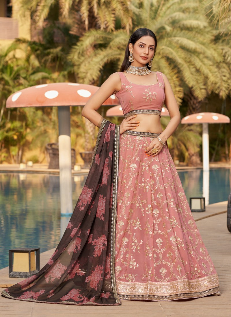 Pink Georgette Lehenga Choli With Sequins, Thread and Zari Work