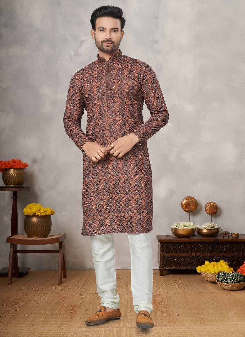 Brown Cotton Digital Print Kurta Pajama with  Lucknowi, Sequence, Thread and Pintex Work