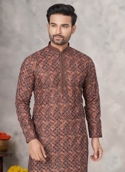 Brown Cotton Digital Print Kurta Pajama with  Lucknowi, Sequence, Thread and Pintex Work-2