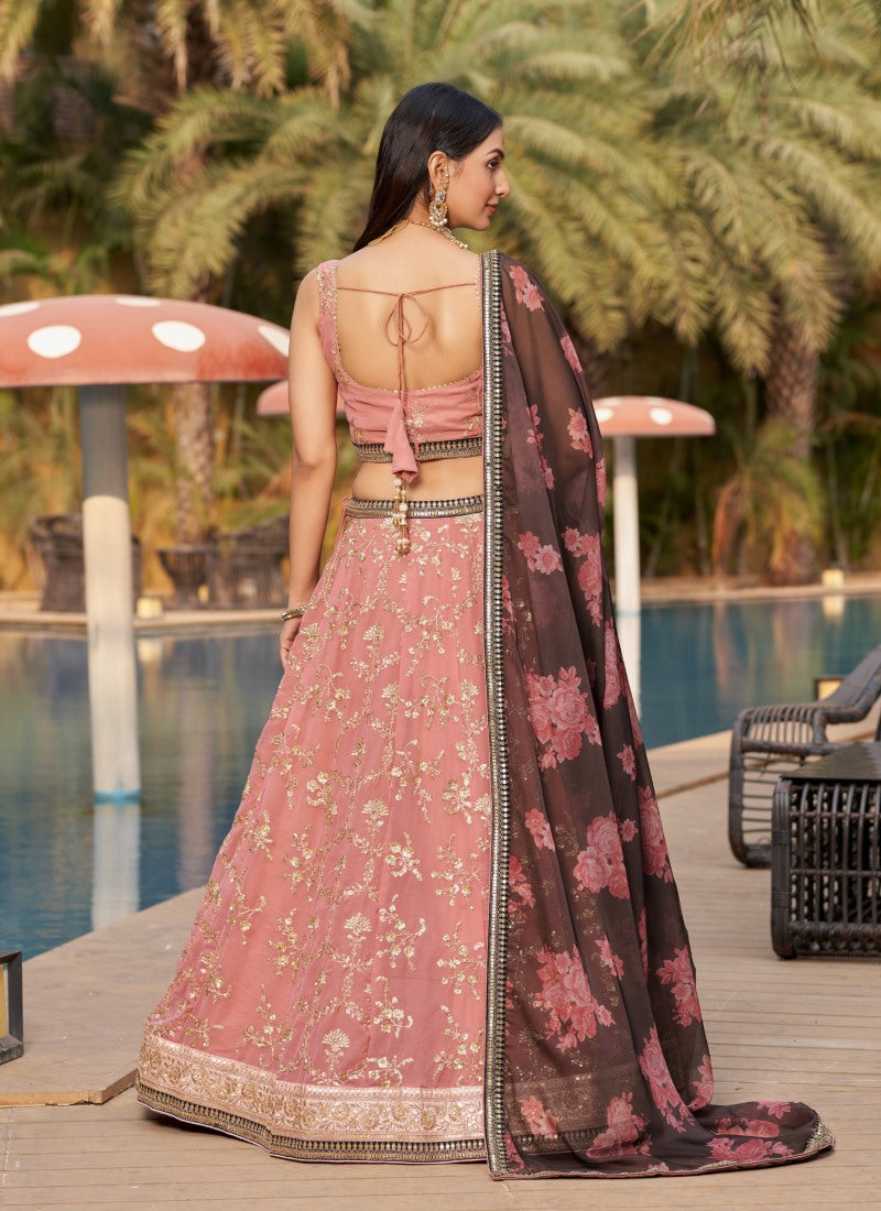 Pink Georgette Lehenga Choli With Sequins, Thread and Zari Work-2