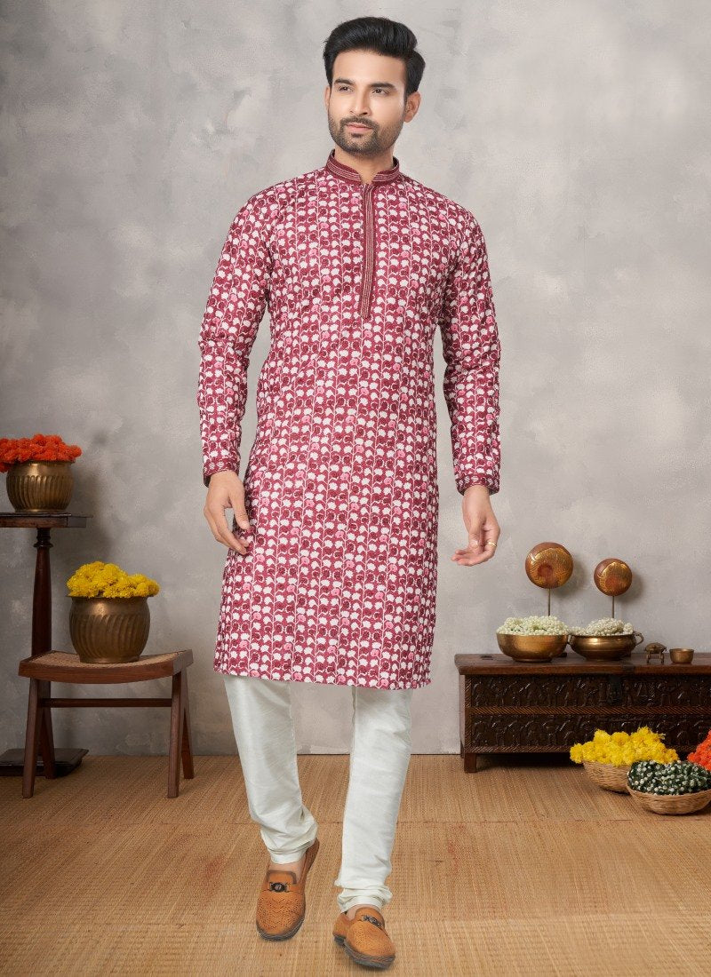 Maroon Cotton Digital Print Kurta Pajama with Lucknowi, Sequence, Thread and Pintex Work-2