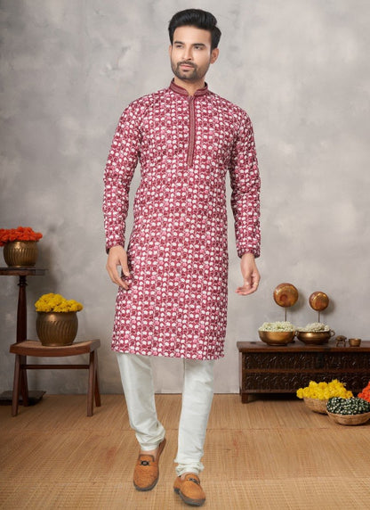 Maroon Cotton Digital Print Kurta Pajama with Lucknowi, Sequence, Thread and Pintex Work-2