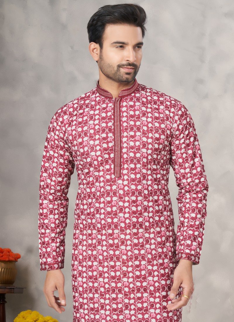 Maroon Cotton Digital Print Kurta Pajama with Lucknowi, Sequence, Thread and Pintex Work-2