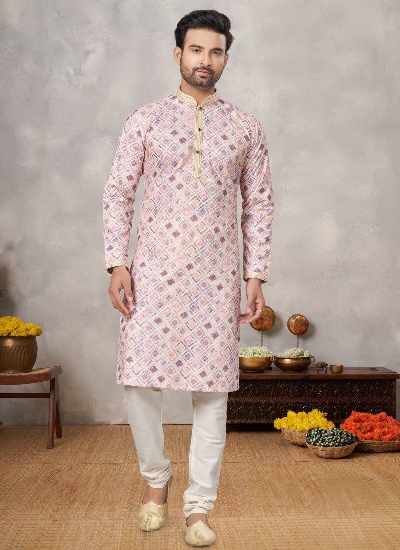 Pink Cotton Digital Print Kurta Pajama with Lucknowi, Sequence, Thread and Pintex Work-2