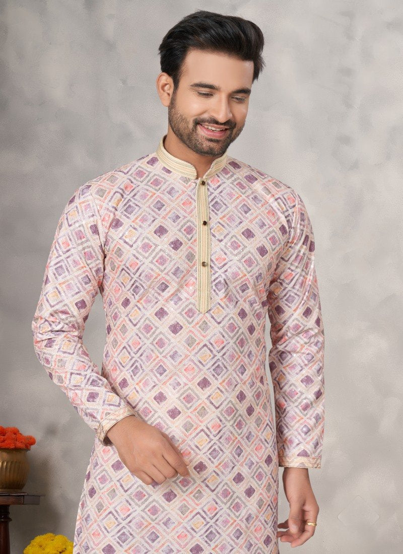 Pink Cotton Digital Print Kurta Pajama with Lucknowi, Sequence, Thread and Pintex Work-2