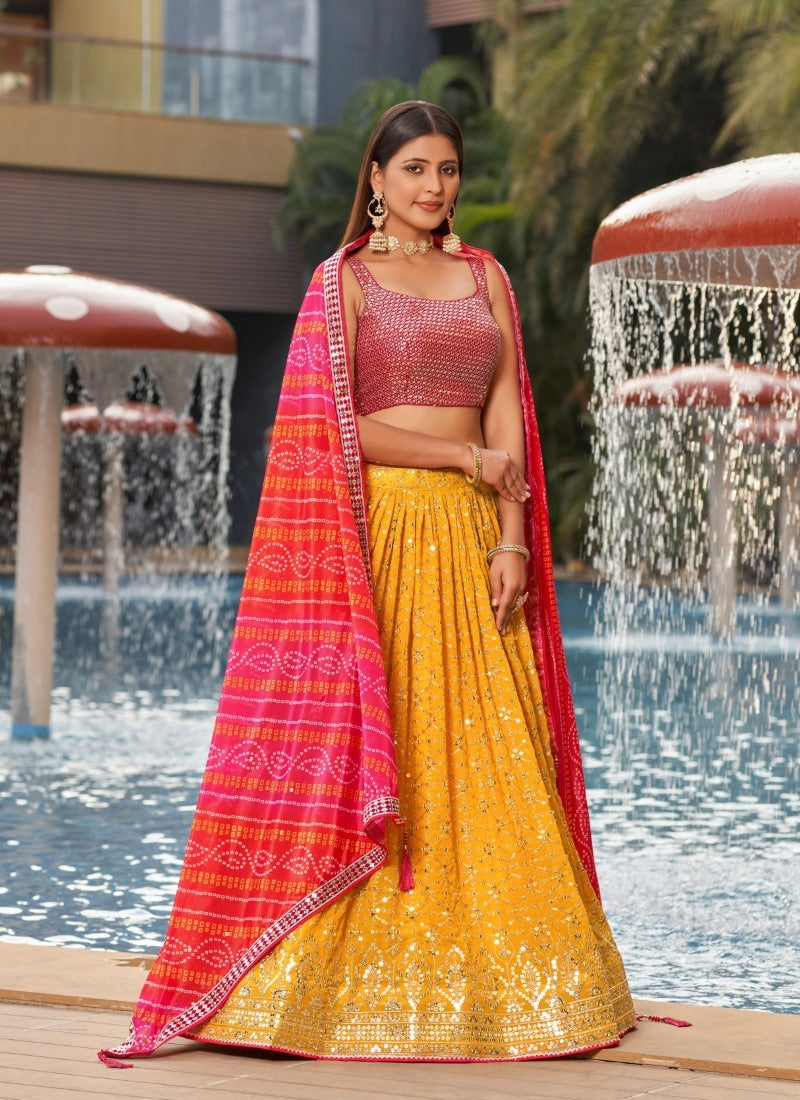 Yellow Georgette Lehenga Choli With Sequins, Thread and Zari Work