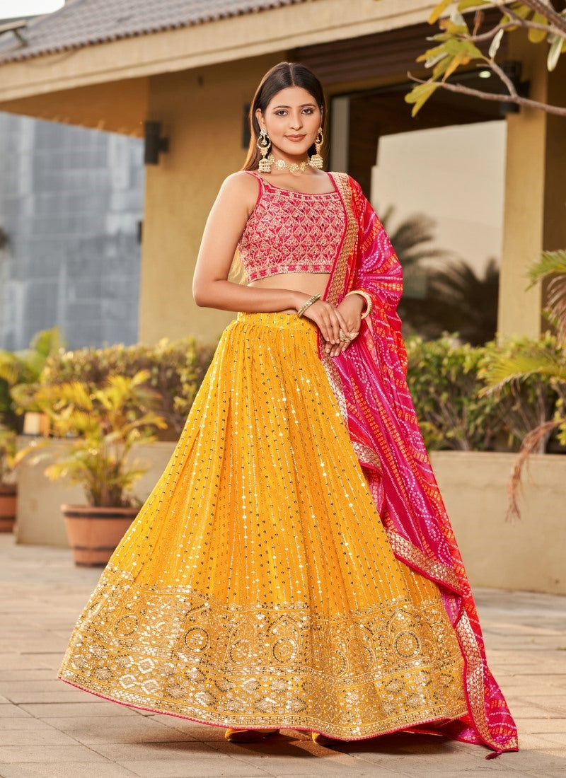 Yellow Georgette Lehenga Choli With Sequins, Thread and Zari Work