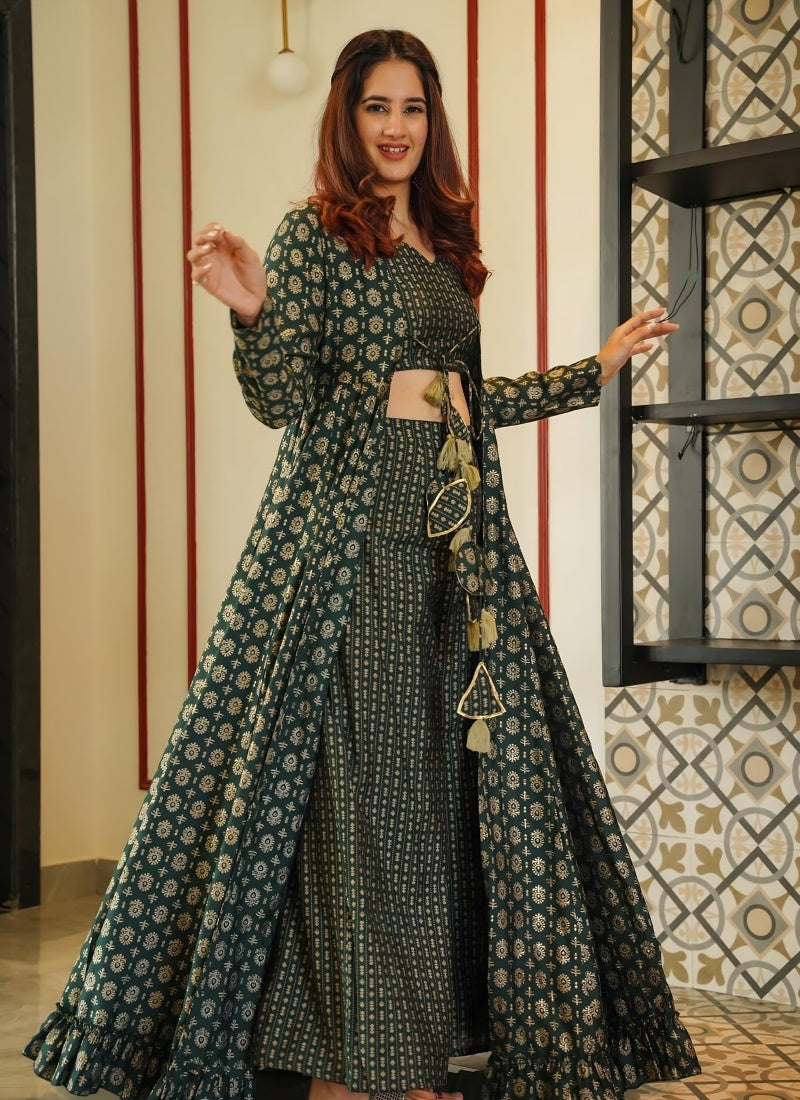 Green Crop Top Palazzo Suit with Shrug-2