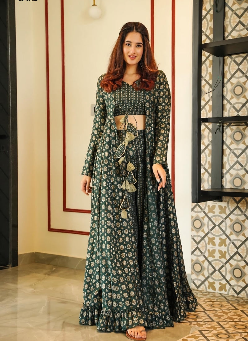 Green Crop Top Palazzo Suit with Shrug