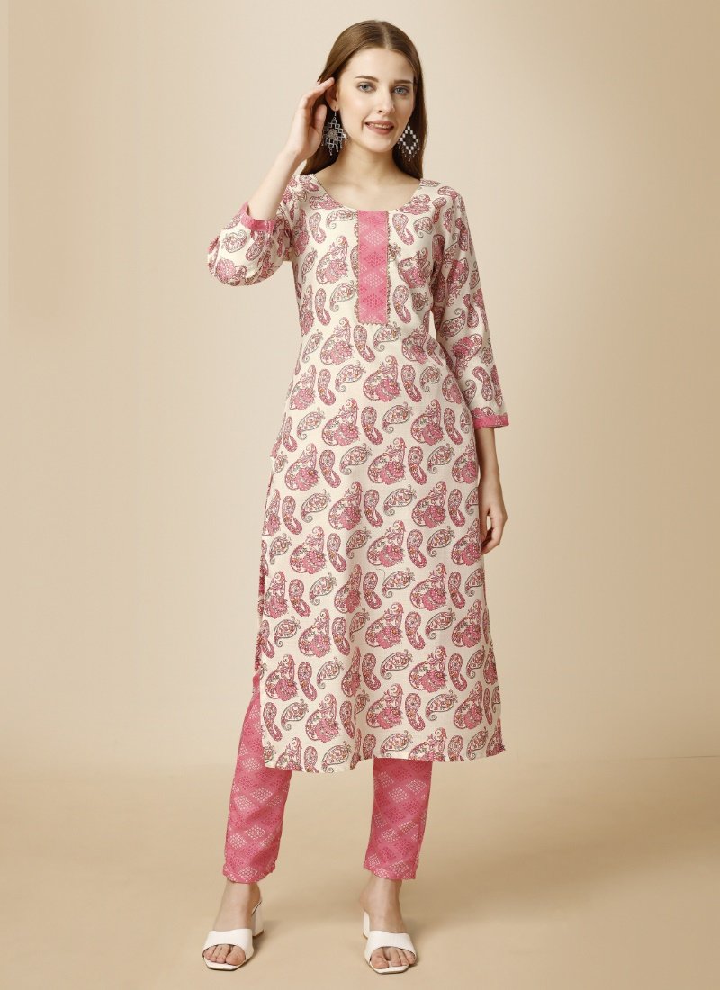 Off White Pure Cotton Printed Kurta Suit