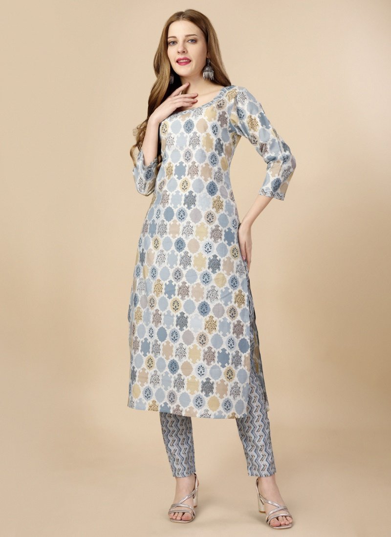 Gray Pure Cotton Printed Kurta Suit