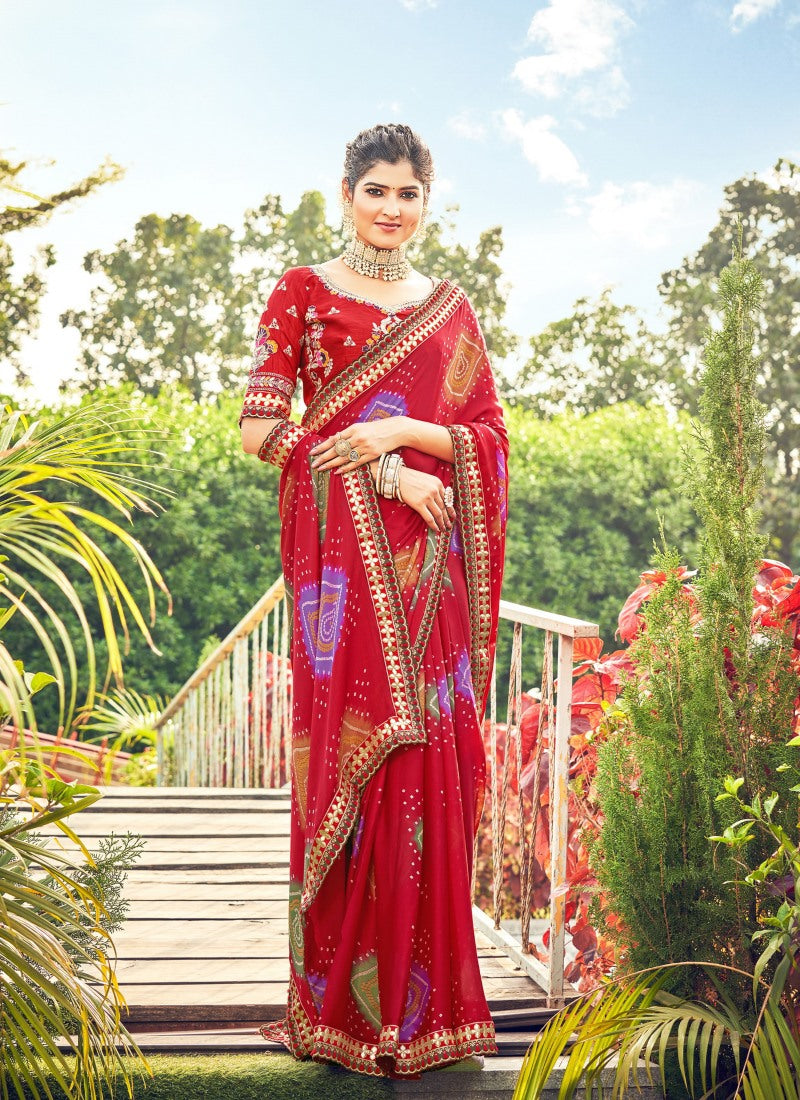 Red Chiffon Bandhani Saree