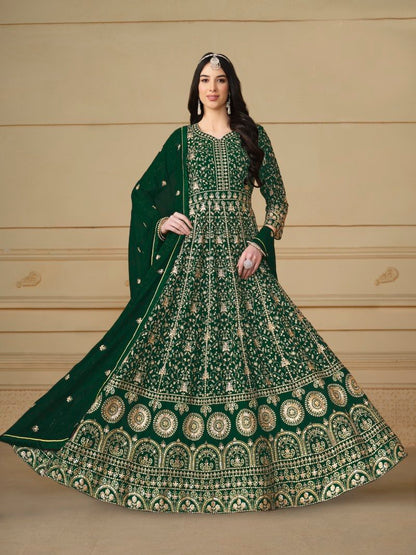 Green Georgette Long Anarkali Suit With Full Embroidery Work-2