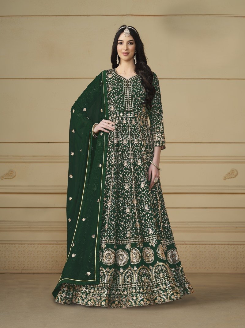 Green Georgette Long Anarkali Suit With Full Embroidery Work