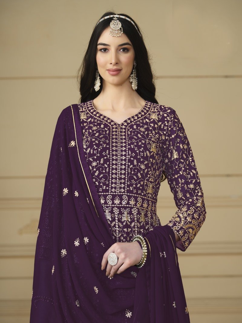 Purple Georgette Long Anarkali Suit With Full Embroidery Work-2