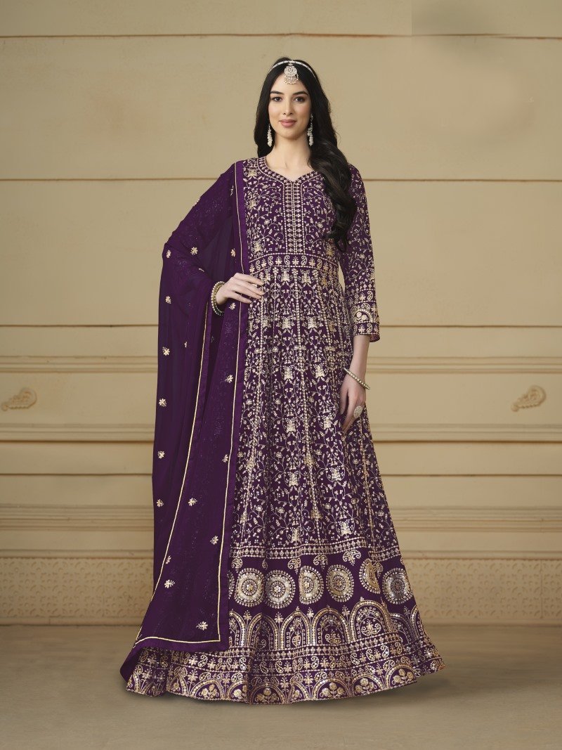 Purple Georgette Long Anarkali Suit With Full Embroidery Work-2