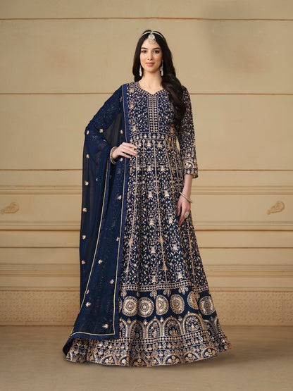 Blue Georgette Long Anarkali Suit With Full Embroidery Work