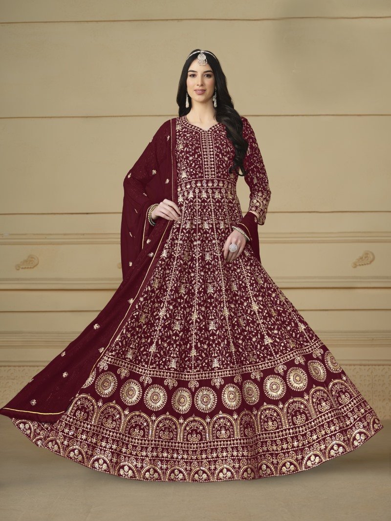 Red Georgette Long Anarkali Suit With Full Embroidery Work-2