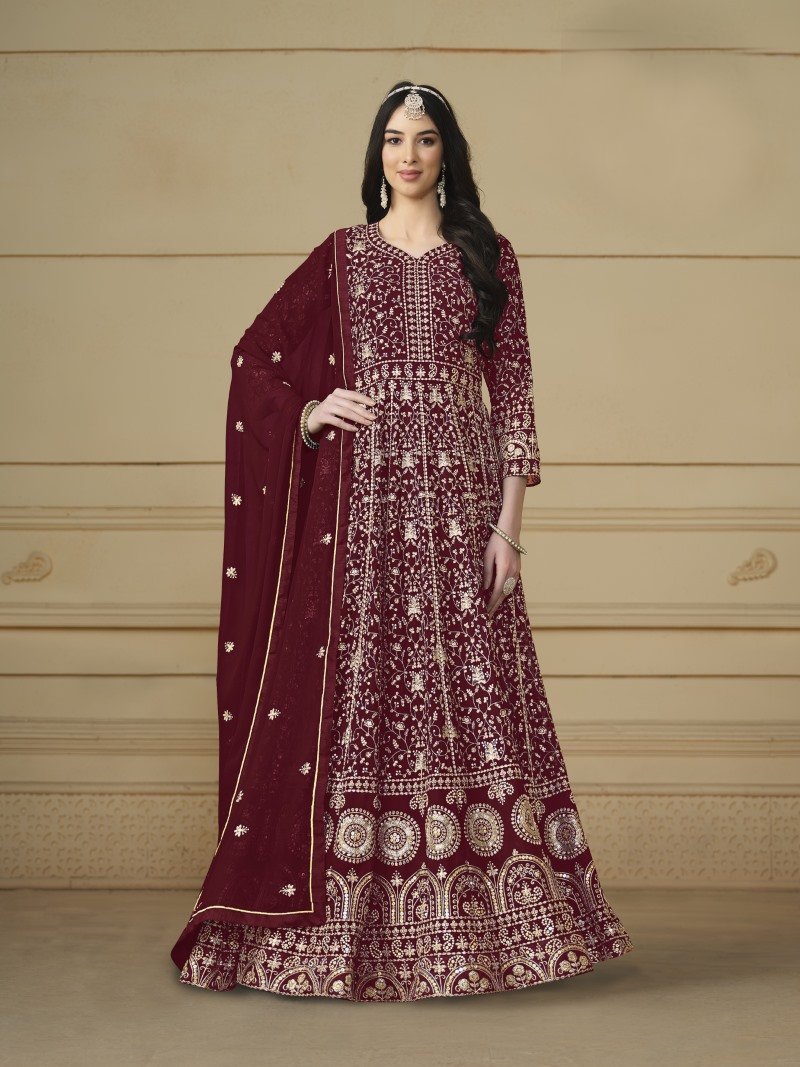 Red Georgette Long Anarkali Suit With Full Embroidery Work