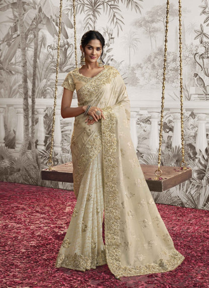 Off White Wedding Saree With Embroidery and Zari Work