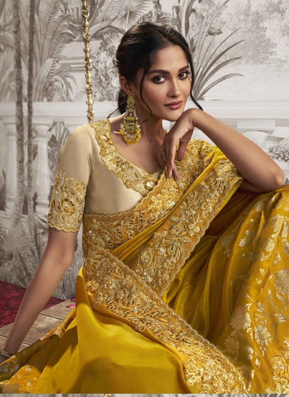 Yellow Wedding Saree With Embroidery and Zari Work-2