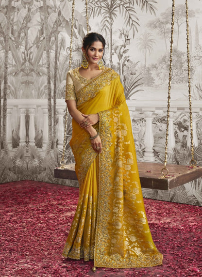 Yellow Wedding Saree With Embroidery and Zari Work