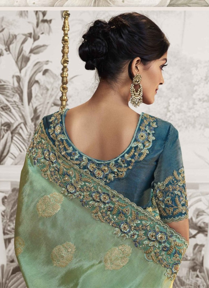 Sea Green Wedding Saree With Embroidery and Zari Work-2