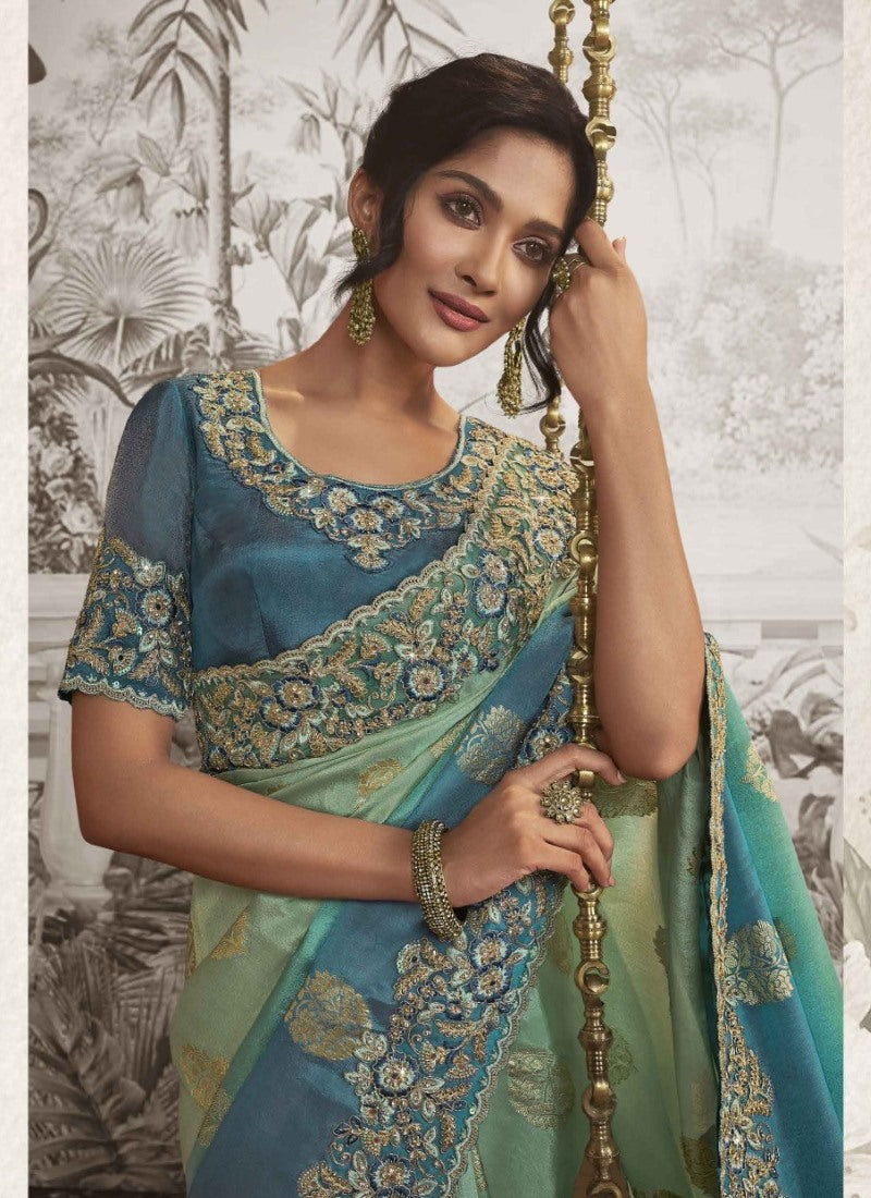 Sea Green Wedding Saree With Embroidery and Zari Work-2