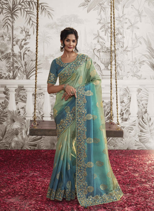 Sea Green Wedding Saree With Embroidery and Zari Work