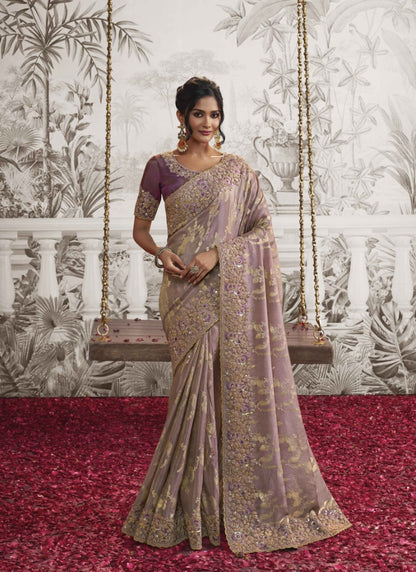 Light Purple Wedding Saree With Embroidery and Zari Work