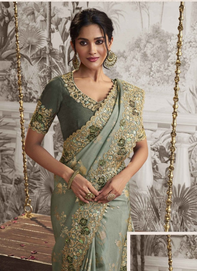 Green Wedding Saree With Embroidery and Zari Work-2