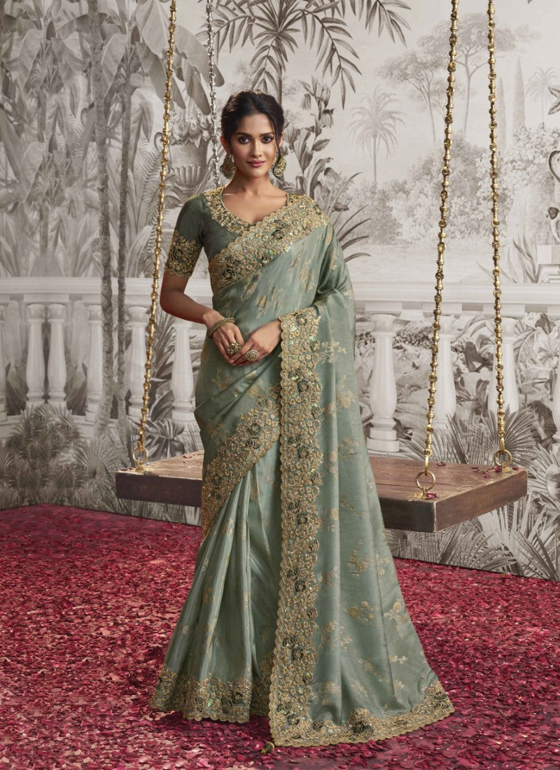 Green Wedding Saree With Embroidery and Zari Work