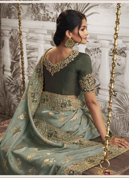 Green Wedding Saree With Embroidery and Zari Work-2